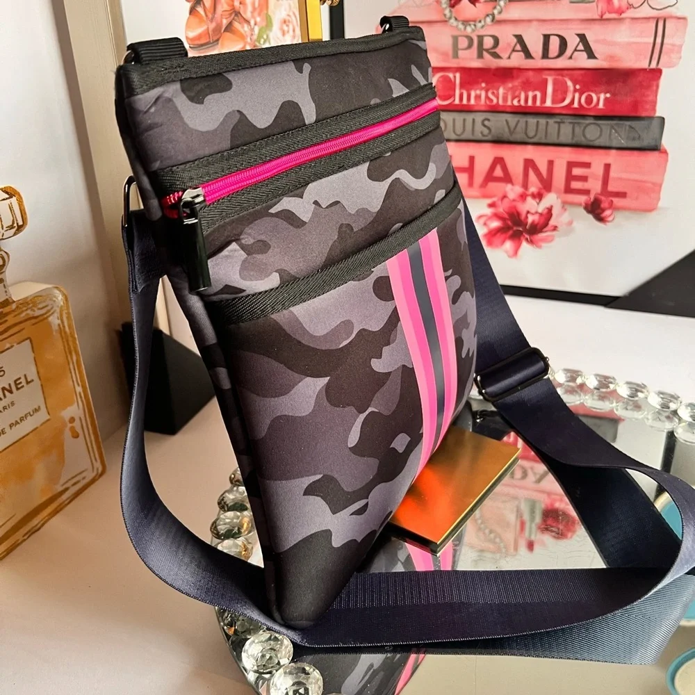 HAUTE SHORE neoprene Camouflage with Pink and Black l Accents crossbody bag